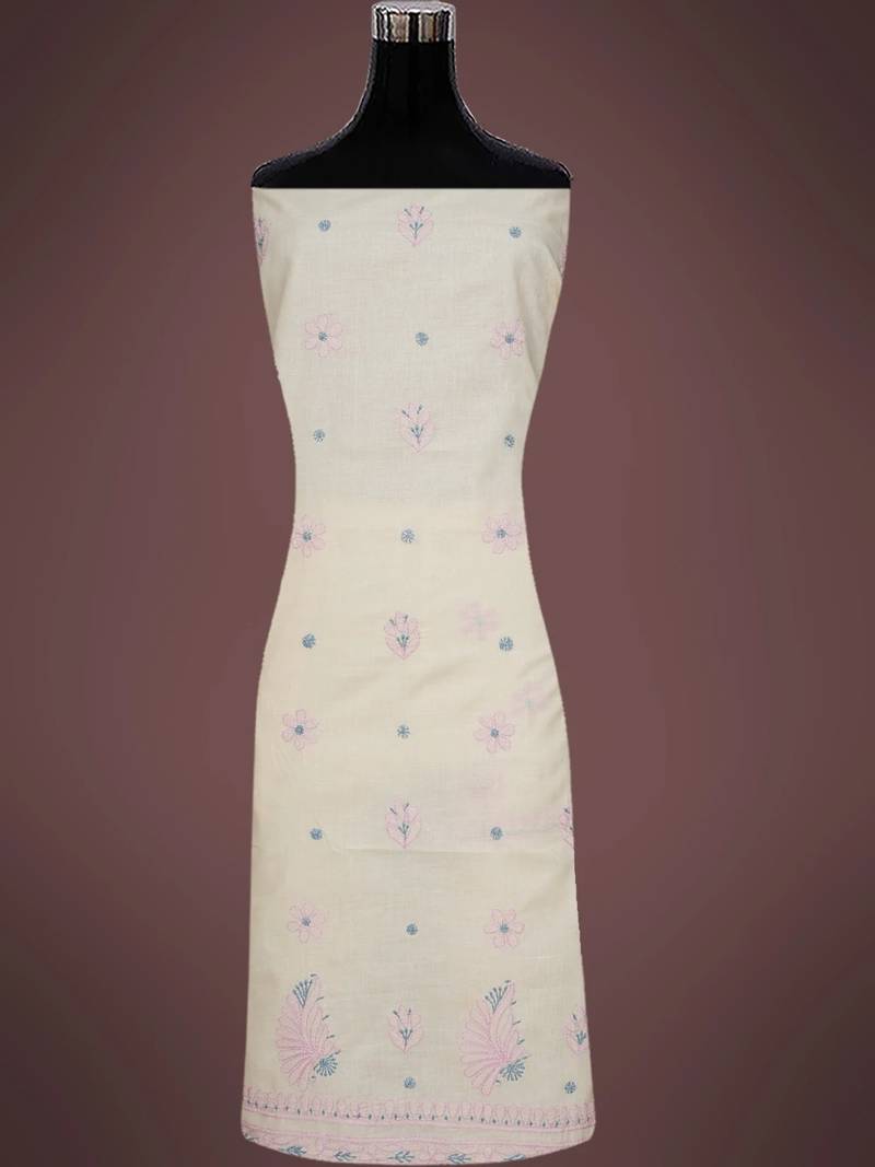 Hand embroidered peach cotton lucknowi chikankari unstitched suit piece
