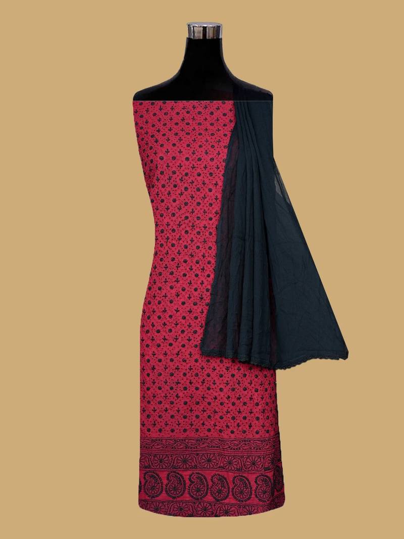 Hand embroidered maroon cotton lucknowi chikankari unstitched suit piece 