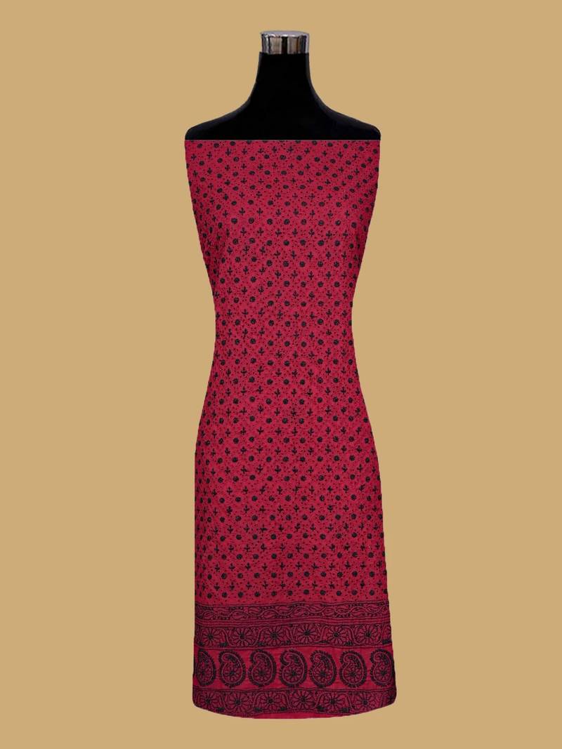 Hand embroidered maroon cotton lucknowi chikankari unstitched suit piece 