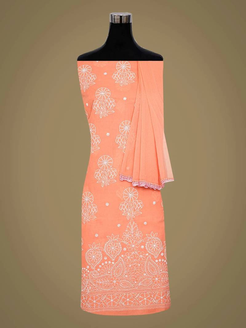 Hand embroidered peach cotton lucknowi chikankari unstitched suit piece