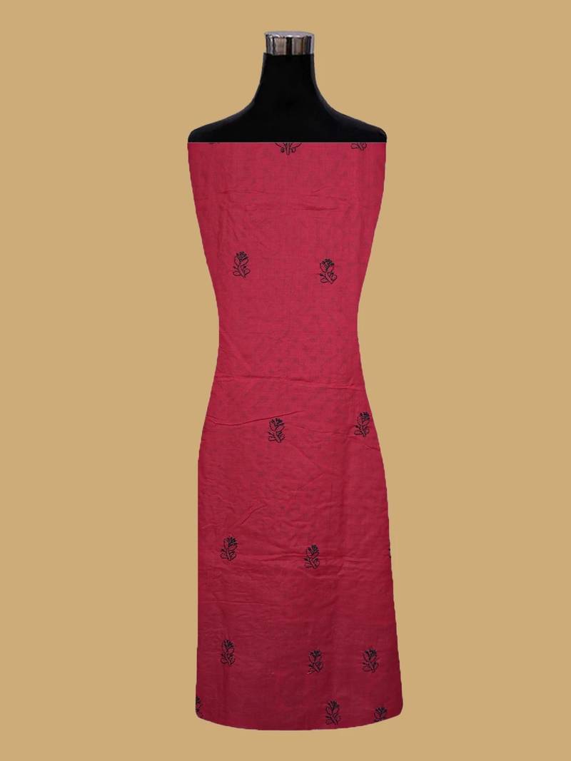 Hand embroidered maroon cotton lucknowi chikankari unstitched suit piece 