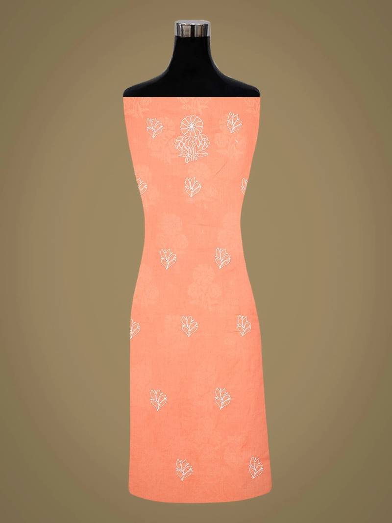 Hand embroidered peach cotton lucknowi chikankari unstitched suit piece