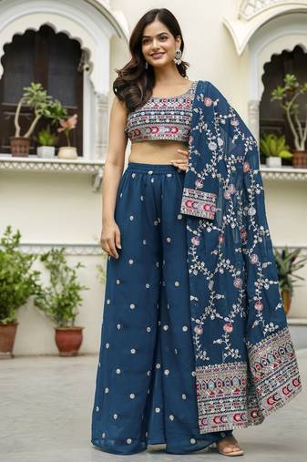Georgette Embroidery Crop Top with Flared Palazzo and Shrug Set