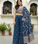 Trendmalls Georgette Embroidery Crop Top with Flared Palazzo and Shrug Set
