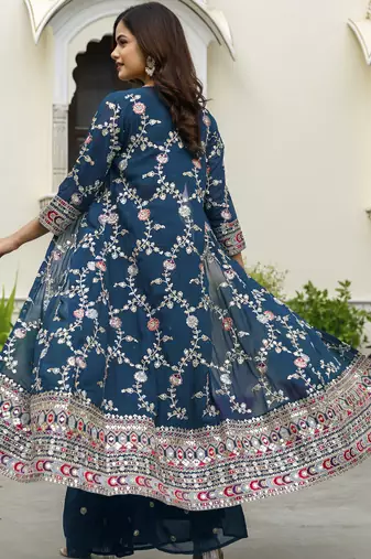Trendmalls Trendmalls Georgette Embroidery Crop Top with Flared Palazzo and Shrug Set