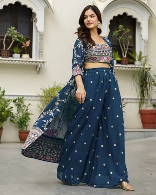 Trendmalls Trendmalls Georgette Embroidery Crop Top with Flared Palazzo and Shrug Set 4