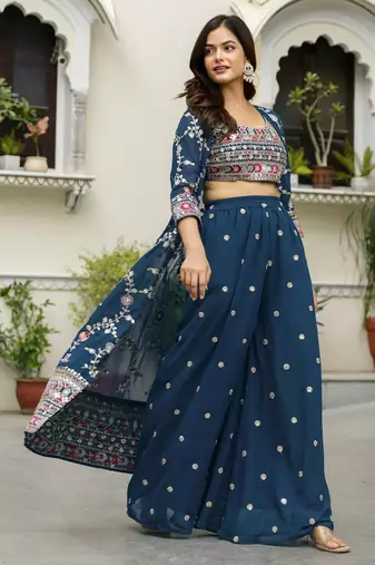 Trendmalls Trendmalls Georgette Embroidery Crop Top with Flared Palazzo and Shrug Set