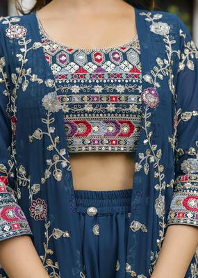 Trendmalls Trendmalls Georgette Embroidery Crop Top with Flared Palazzo and Shrug Set 5