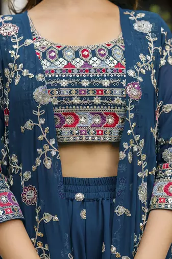 Trendmalls Trendmalls Georgette Embroidery Crop Top with Flared Palazzo and Shrug Set