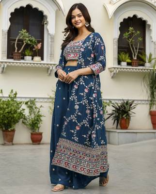 Trendmalls Trendmalls Georgette Embroidery Crop Top with Flared Palazzo and Shrug Set 6