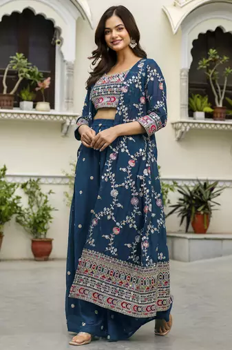 Trendmalls Trendmalls Georgette Embroidery Crop Top with Flared Palazzo and Shrug Set