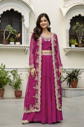 Soft Organza Embroidery Crop Top with Flared Pleated Skirt and Shrug Set