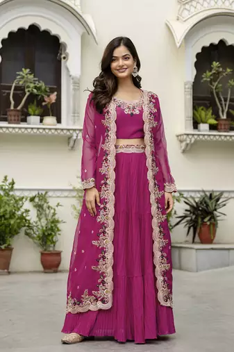 Soft Organza Embroidery Crop Top with Flared Pleated Skirt and Shrug Set