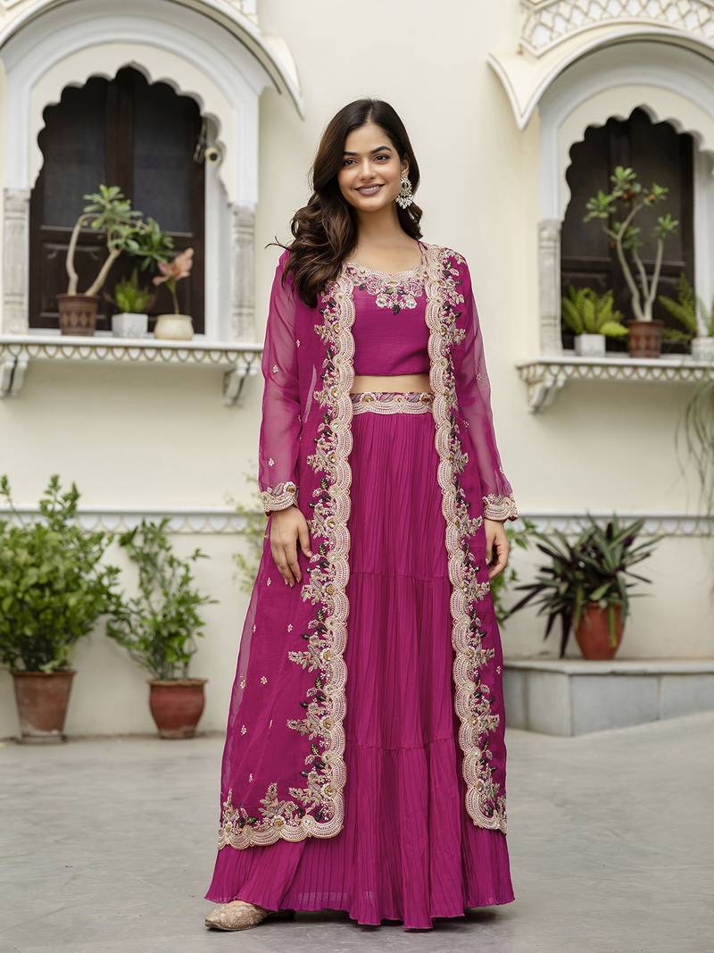 Soft Organza Embroidery Crop Top with Flared Pleated Skirt and Shrug Set