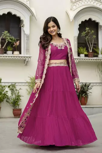 Soft Organza Embroidery Crop Top with Flared Pleated Skirt and Shrug Set