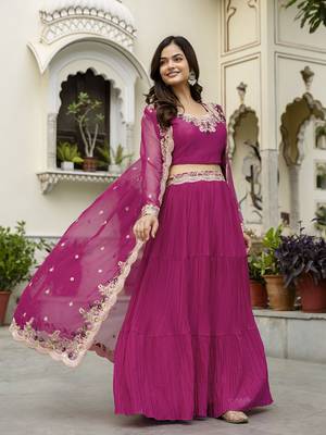 Soft Organza Embroidery Crop Top with Flared Pleated Skirt and Shrug Set 5