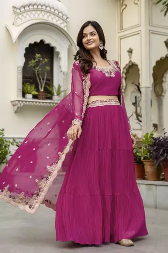 Soft Organza Embroidery Crop Top with Flared Pleated Skirt and Shrug Set