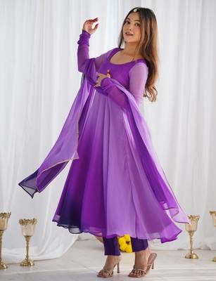 Elegant purple anarkali suit with black ombre dupatta for festive & partywear. 1