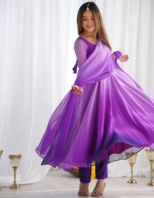 Elegant purple anarkali suit with black ombre dupatta for festive & partywear. 2