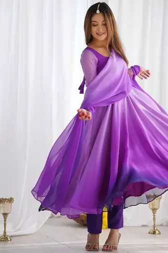 Elegant purple anarkali suit with black ombre dupatta for festive & partywear.