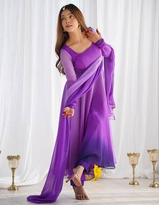 Elegant purple anarkali suit with black ombre dupatta for festive & partywear. 3