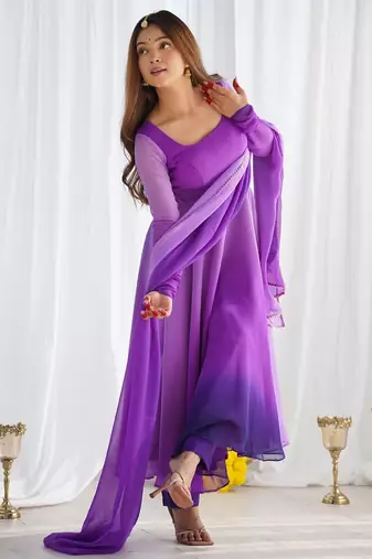 Elegant purple anarkali suit with black ombre dupatta for festive & partywear.