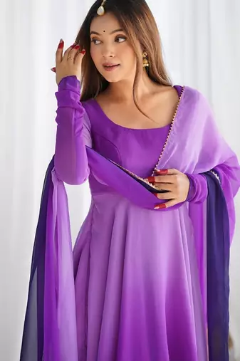 Elegant purple anarkali suit with black ombre dupatta for festive & partywear.