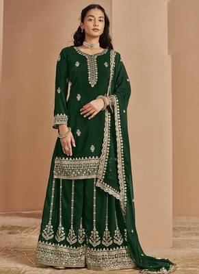Green faux georgette embroidered palazzo suit 1