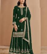Green faux georgette embroidered palazzo suit