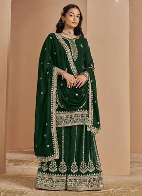 Green faux georgette embroidered palazzo suit 2