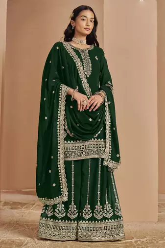 Green faux georgette embroidered palazzo suit