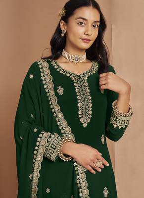 Green faux georgette embroidered palazzo suit 3