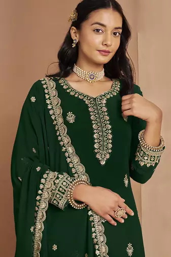 Green faux georgette embroidered palazzo suit