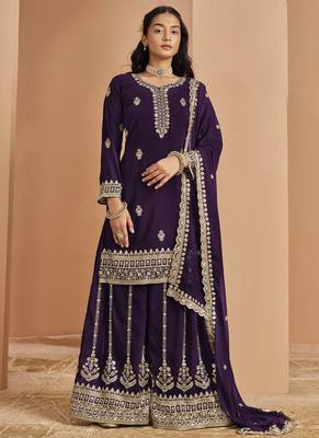 Violet faux georgette embroidered palazzo suit 1