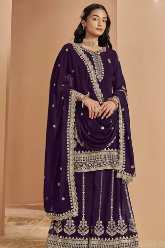Violet faux georgette embroidered palazzo suit