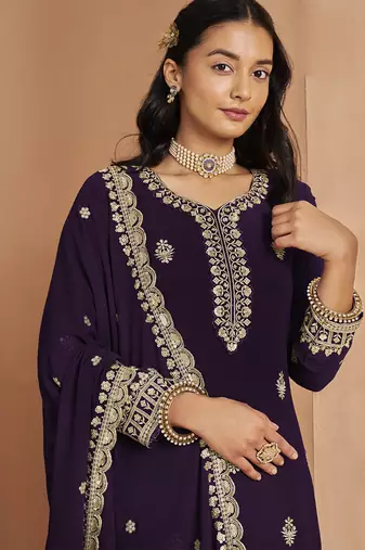 Violet faux georgette embroidered palazzo suit