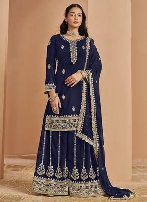 Navy blue faux georgette embroidered palazzo suit 1