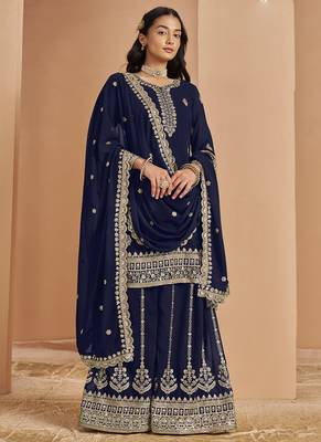 Navy blue faux georgette embroidered palazzo suit 2
