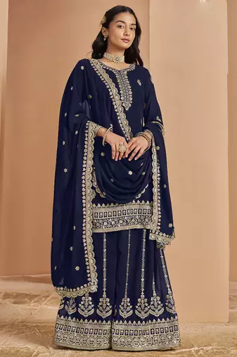 Navy blue faux georgette embroidered palazzo suit