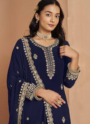 Navy blue faux georgette embroidered palazzo suit 3