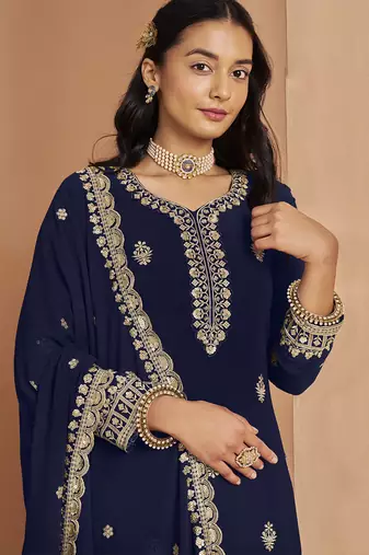 Navy blue faux georgette embroidered palazzo suit