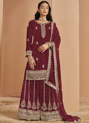 Maroon faux georgette embroidered palazzo suit 1
