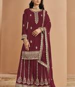 Maroon faux georgette embroidered palazzo suit