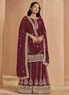 Maroon faux georgette embroidered palazzo suit 2