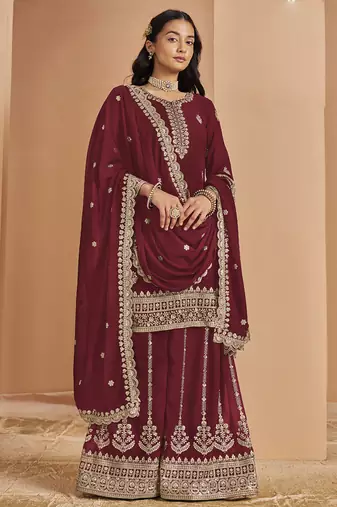 Maroon faux georgette embroidered palazzo suit