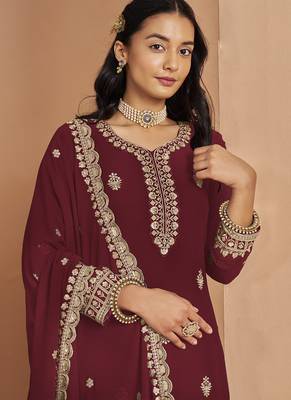 Maroon faux georgette embroidered palazzo suit 3