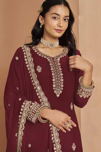 Maroon faux georgette embroidered palazzo suit