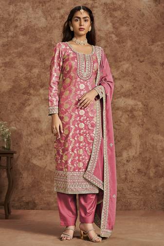 Light peach dola silk jacquard designer salwar suit