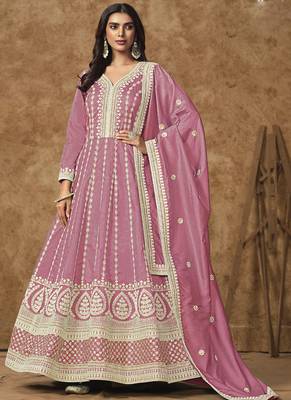 Pink dola silk embroidered anarkali suit 1