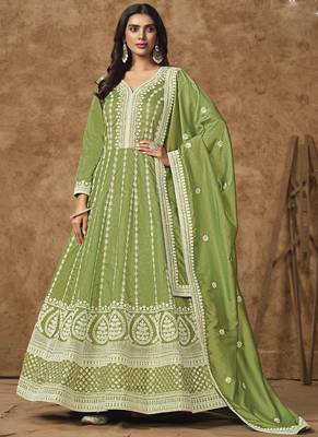 Light green dola silk embroidered anarkali suit 1